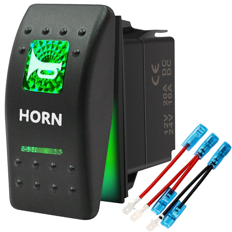 KEING Momentary Horn Button Waterproof Rocker Switch Toggle - ON/Off Green LED Light - 12V 20Amp 24V 10Amp, 5 Pin for Automotive Car Vehicles Marine Boat Truck Trailer 4x4 Caravan RV ATV UTV & More - Image 1